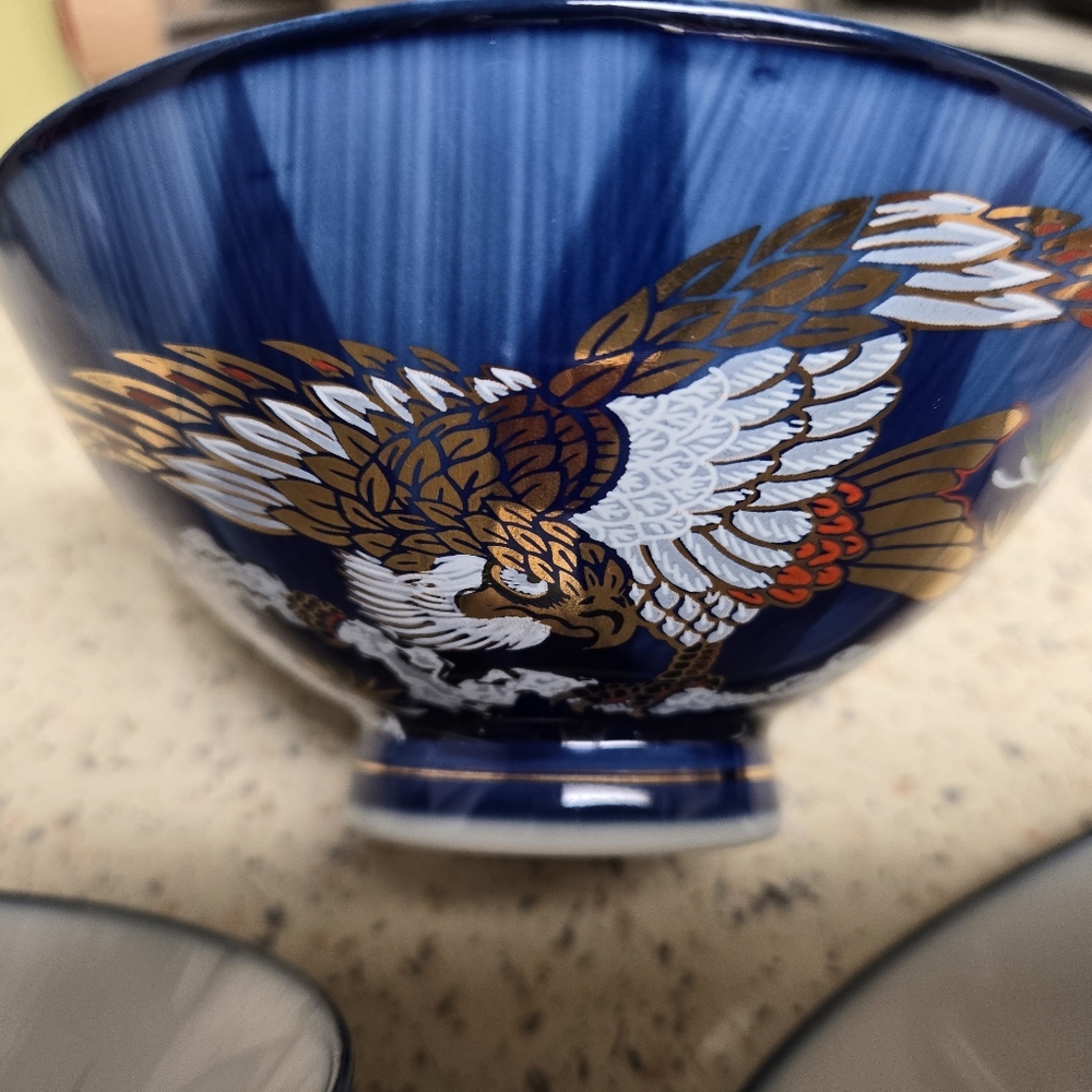 Chinese Porcelain Colbalt Blue Handpainted Rice Bowls Set Of 3